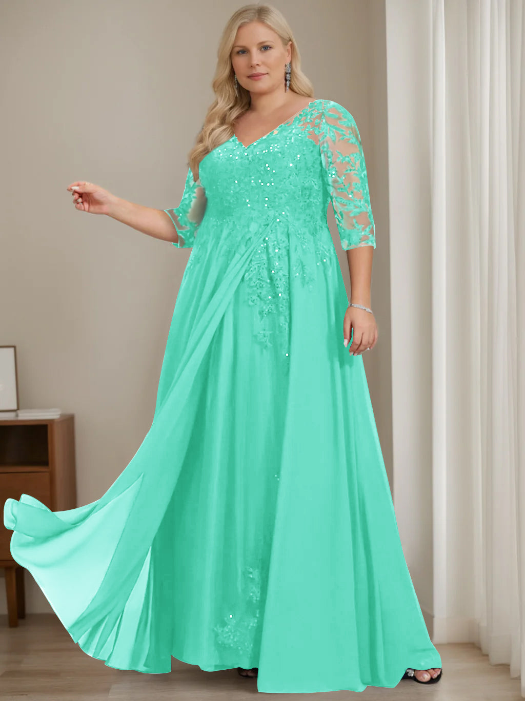 Plus Size V-Neck A-Line Princess Floor-Length Mother of the Bride Dress with Half Sleeves and Sequins-LLELLA