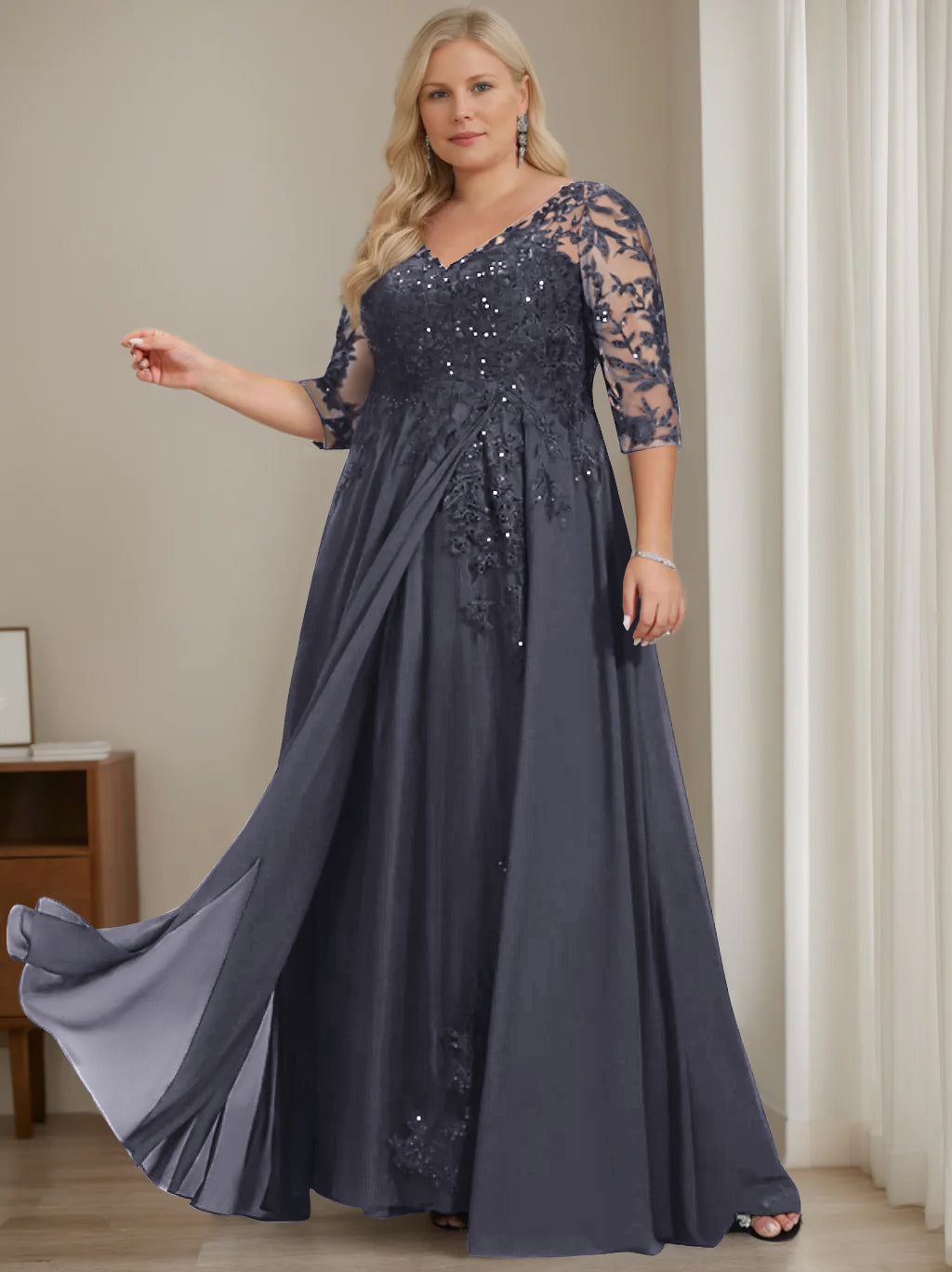 Plus Size V-Neck A-Line Princess Floor-Length Mother of the Bride Dress with Half Sleeves and Sequins-LLELLA