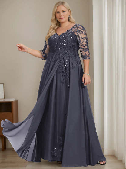 Plus Size V-Neck A-Line Princess Floor-Length Mother of the Bride Dress with Half Sleeves and Sequins-LLELLA