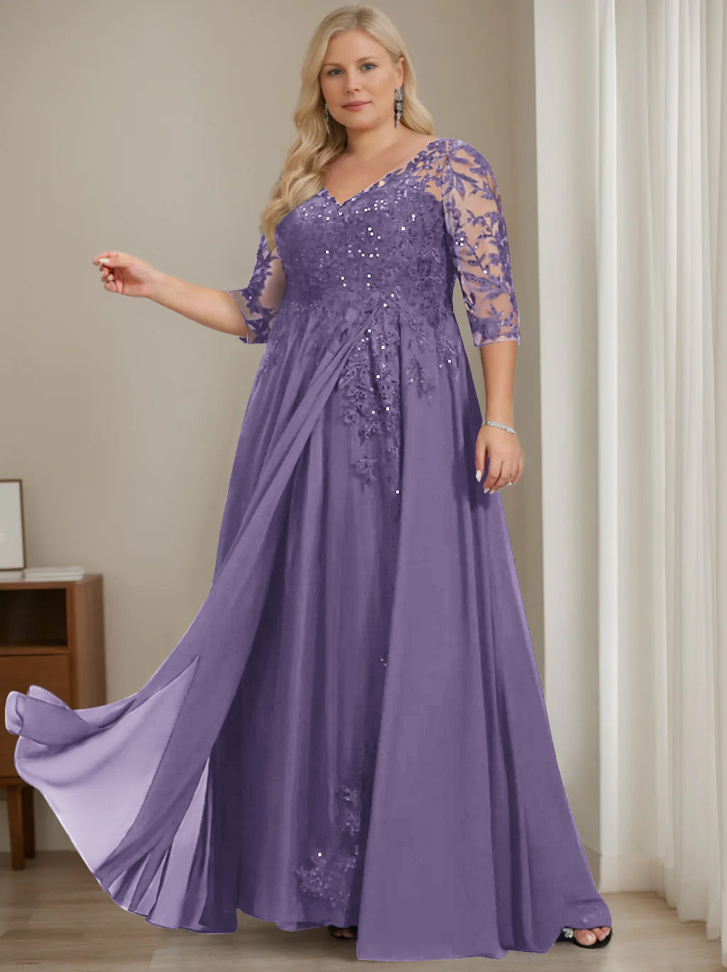 Plus Size V-Neck A-Line Princess Floor-Length Mother of the Bride Dress with Half Sleeves and Sequins-LLELLA