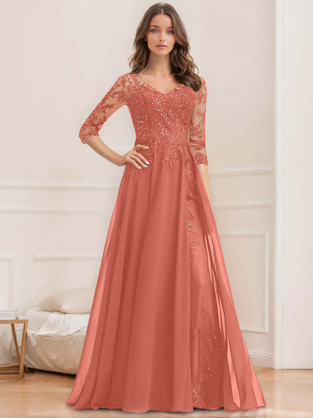 Floor-Length V-Neck A-Line Princess Mother of the Bride Dresses with Half Sleeves and Sequins