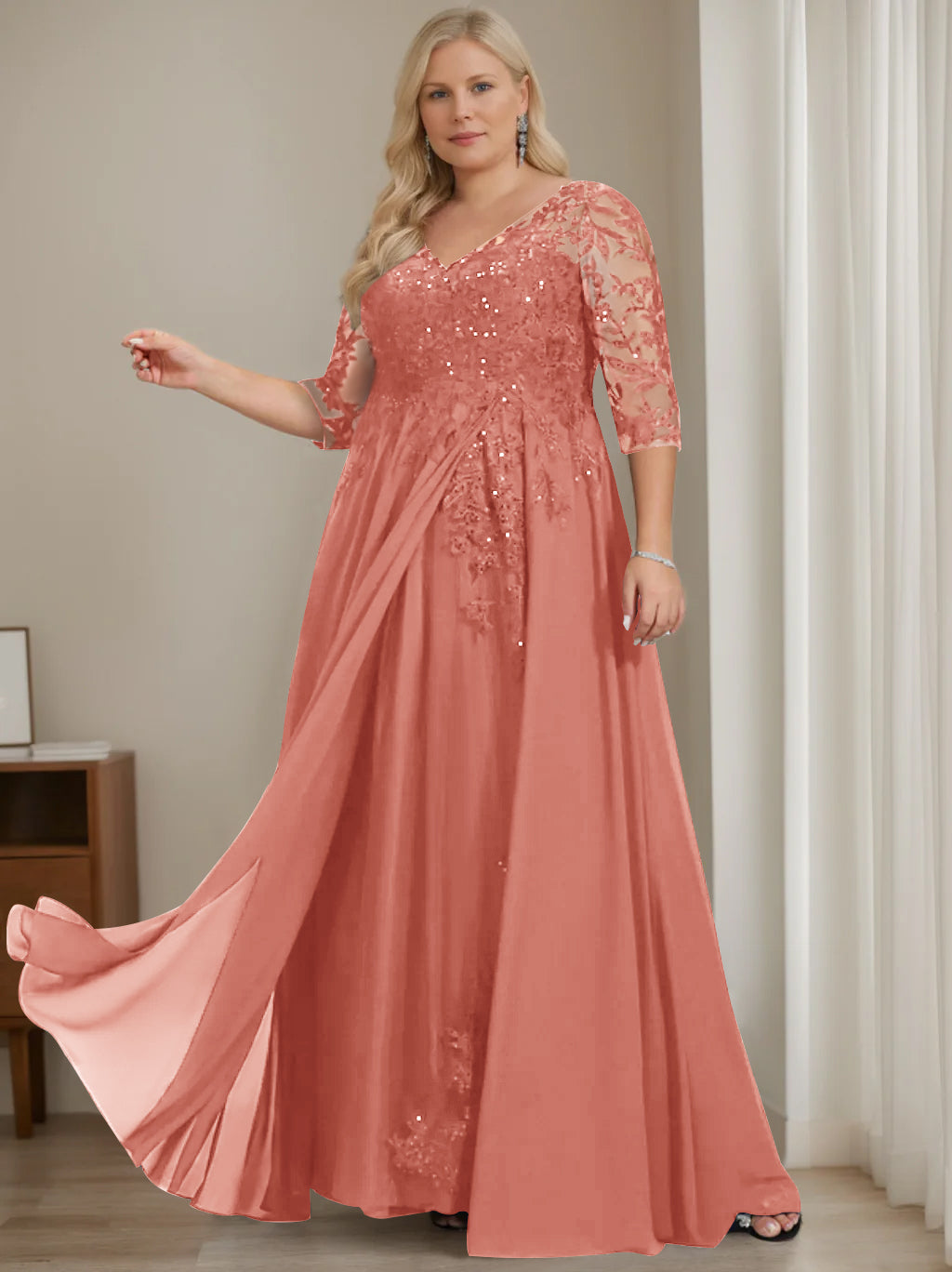 Plus Size V-Neck A-Line Princess Floor-Length Mother of the Bride Dress with Half Sleeves and Sequins-LLELLA