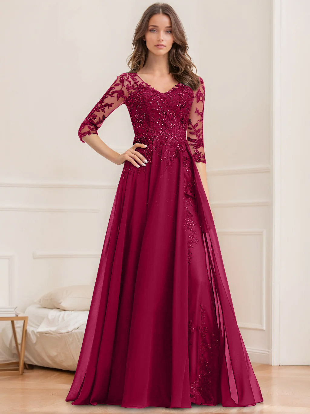 Floor-Length V-Neck A-Line Princess Mother of the Bride Dresses with Half Sleeves and Sequins