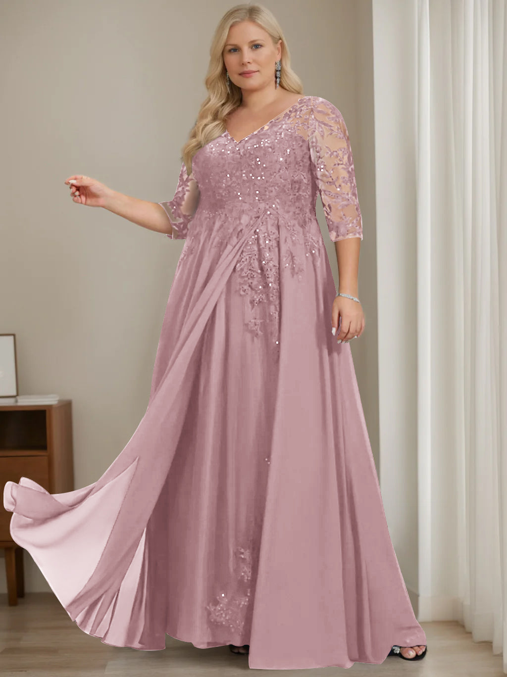 Plus Size V-Neck A-Line Princess Floor-Length Mother of the Bride Dress with Half Sleeves and Sequins-LLELLA