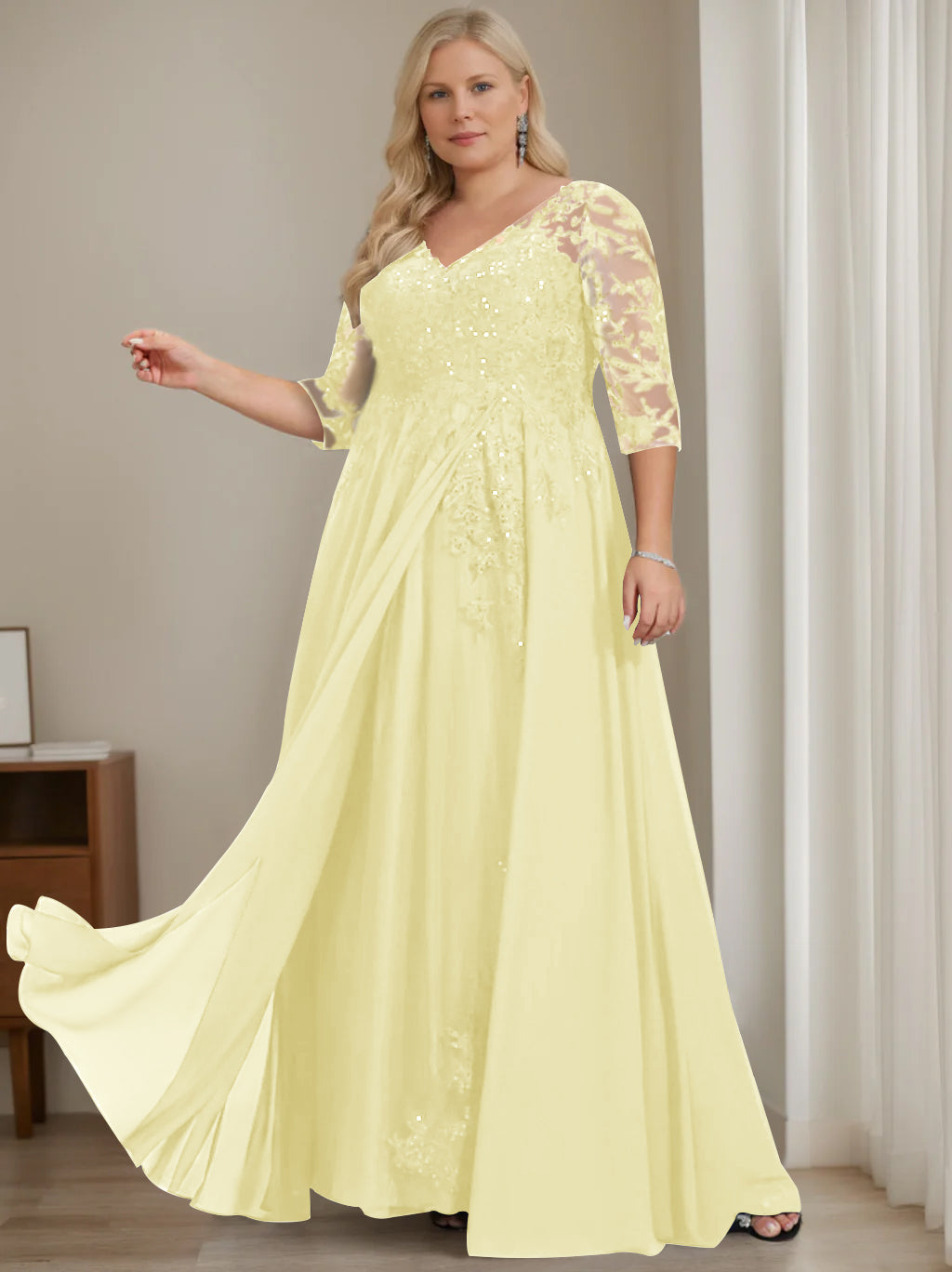 Plus Size V-Neck A-Line Princess Floor-Length Mother of the Bride Dress with Half Sleeves and Sequins-LLELLA