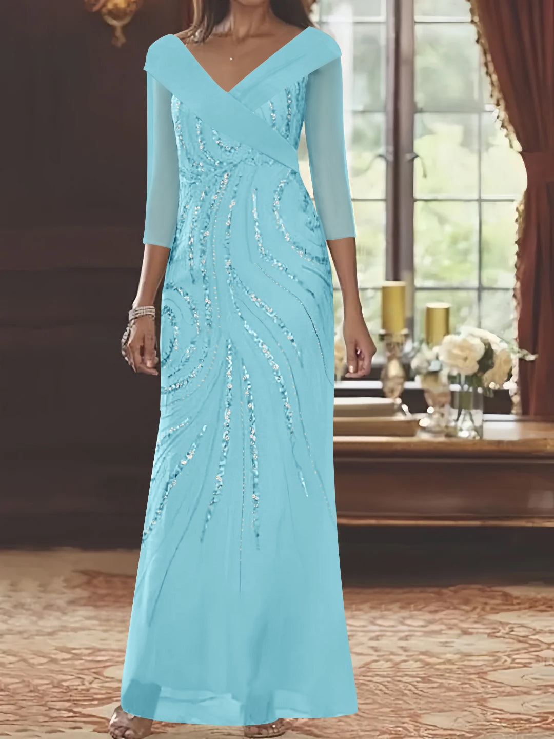V-Neck 3/4 Sleeve Floor-Length Sequined Mother of the Bride Sheath Dress-LLELLA