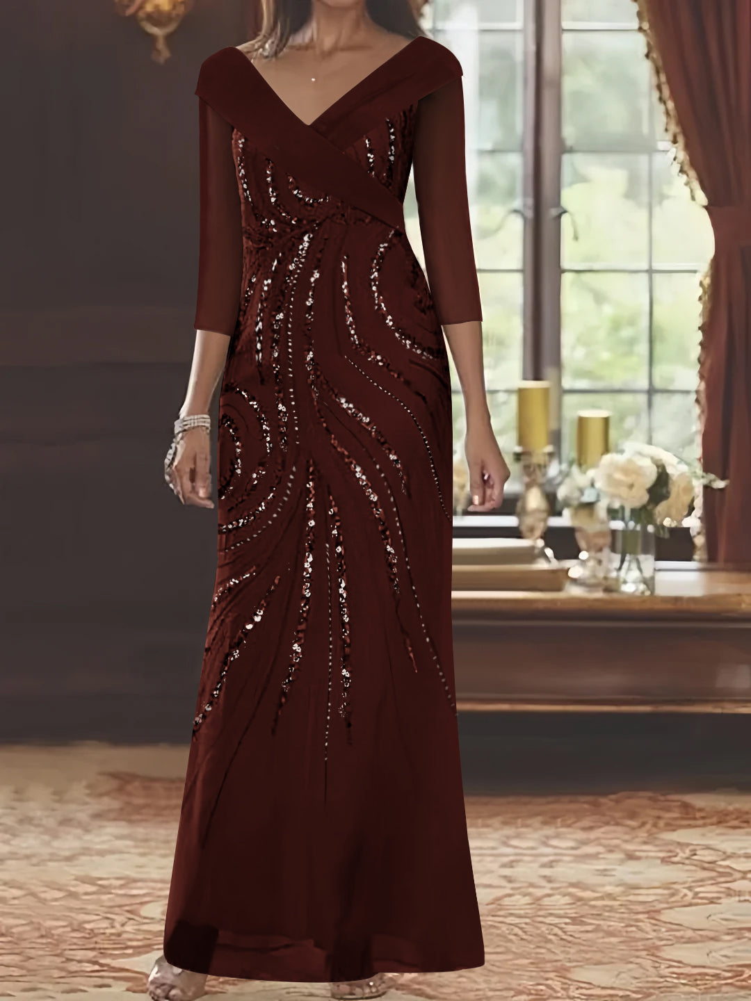 V-Neck 3/4 Sleeve Floor-Length Sequined Mother of the Bride Sheath Dress-LLELLA