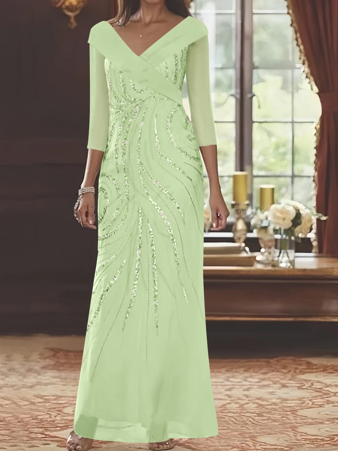 V-Neck 3/4 Sleeve Floor-Length Sequined Mother of the Bride Sheath Dress-LLELLA