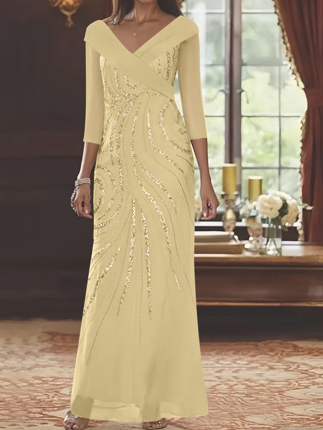 V-Neck 3/4 Sleeve Floor-Length Sequined Mother of the Bride Sheath Dress-LLELLA