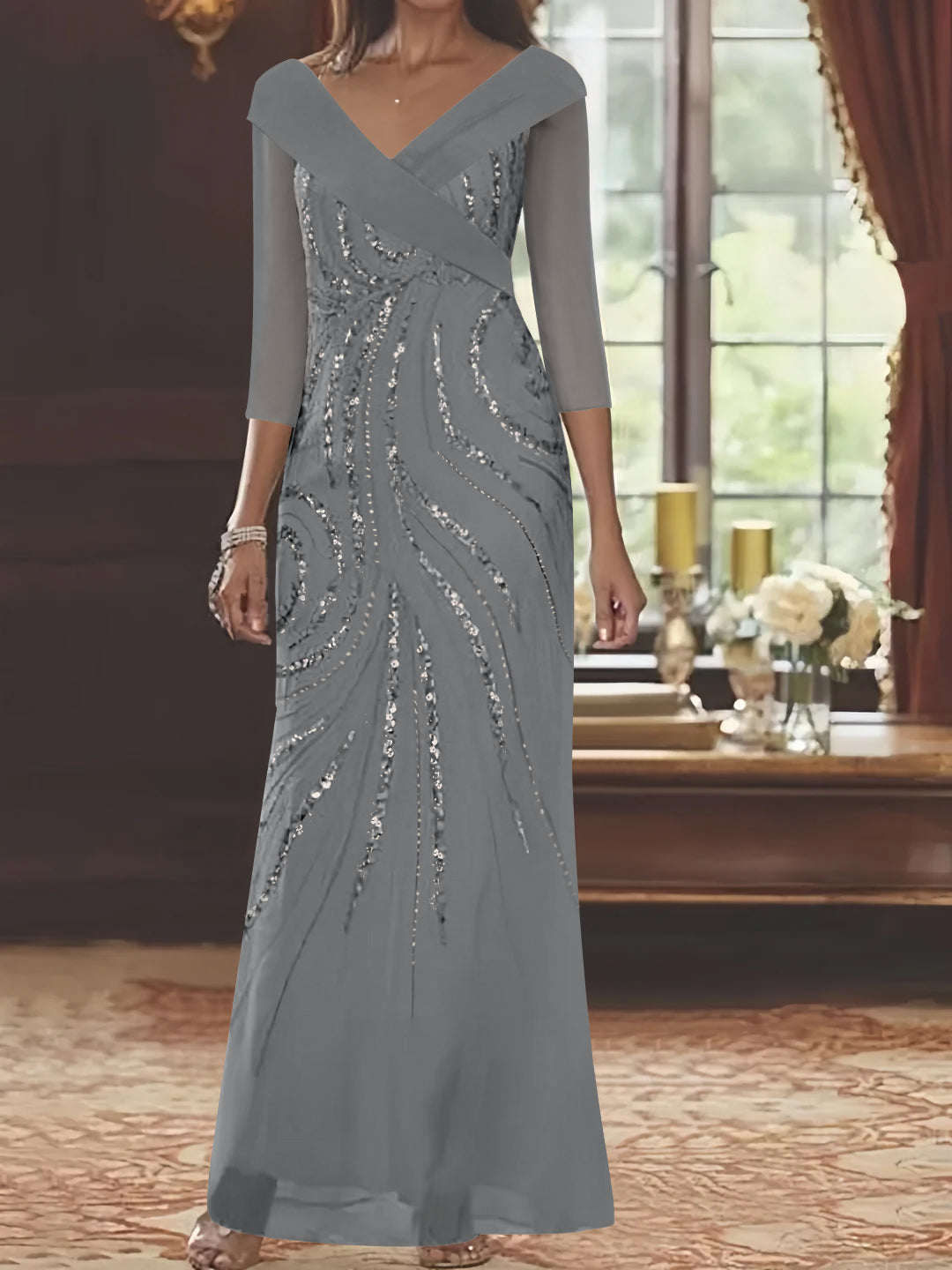 V-Neck 3/4 Sleeve Floor-Length Sequined Mother of the Bride Sheath Dress-LLELLA