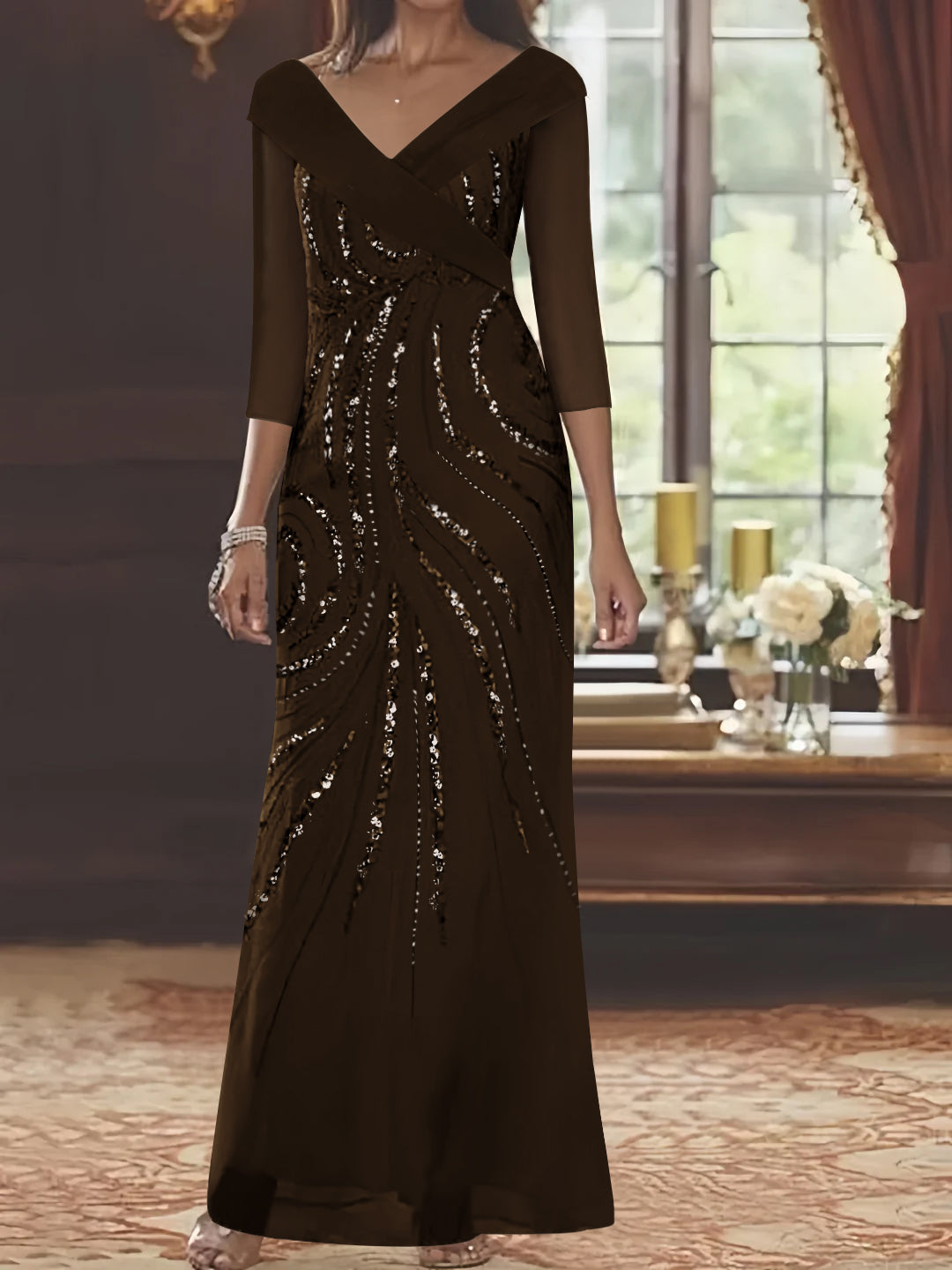 V-Neck 3/4 Sleeve Floor-Length Sequined Mother of the Bride Sheath Dress-LLELLA