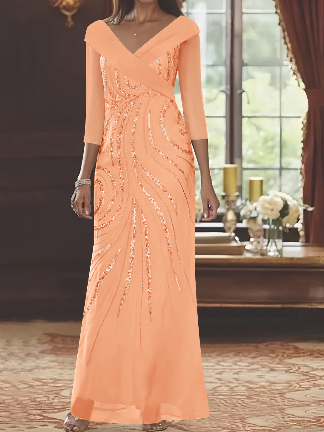 V-Neck 3/4 Sleeve Floor-Length Sequined Mother of the Bride Sheath Dress-LLELLA