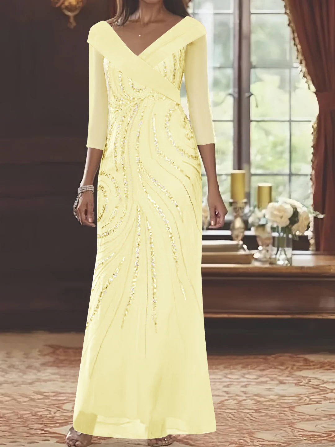 V-Neck 3/4 Sleeve Floor-Length Sequined Mother of the Bride Sheath Dress-LLELLA