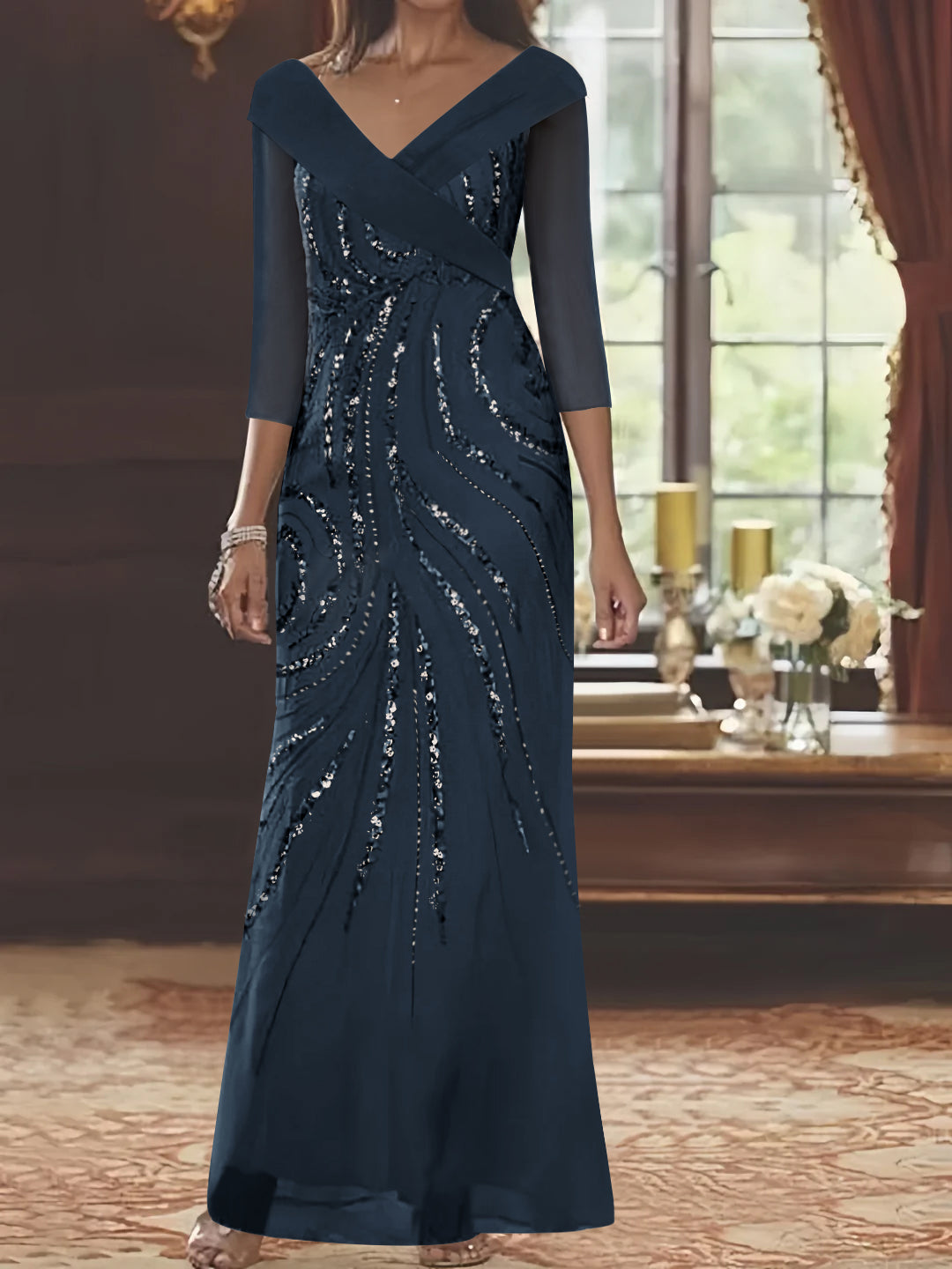 V-Neck 3/4 Sleeve Floor-Length Sequined Mother of the Bride Sheath Dress-LLELLA