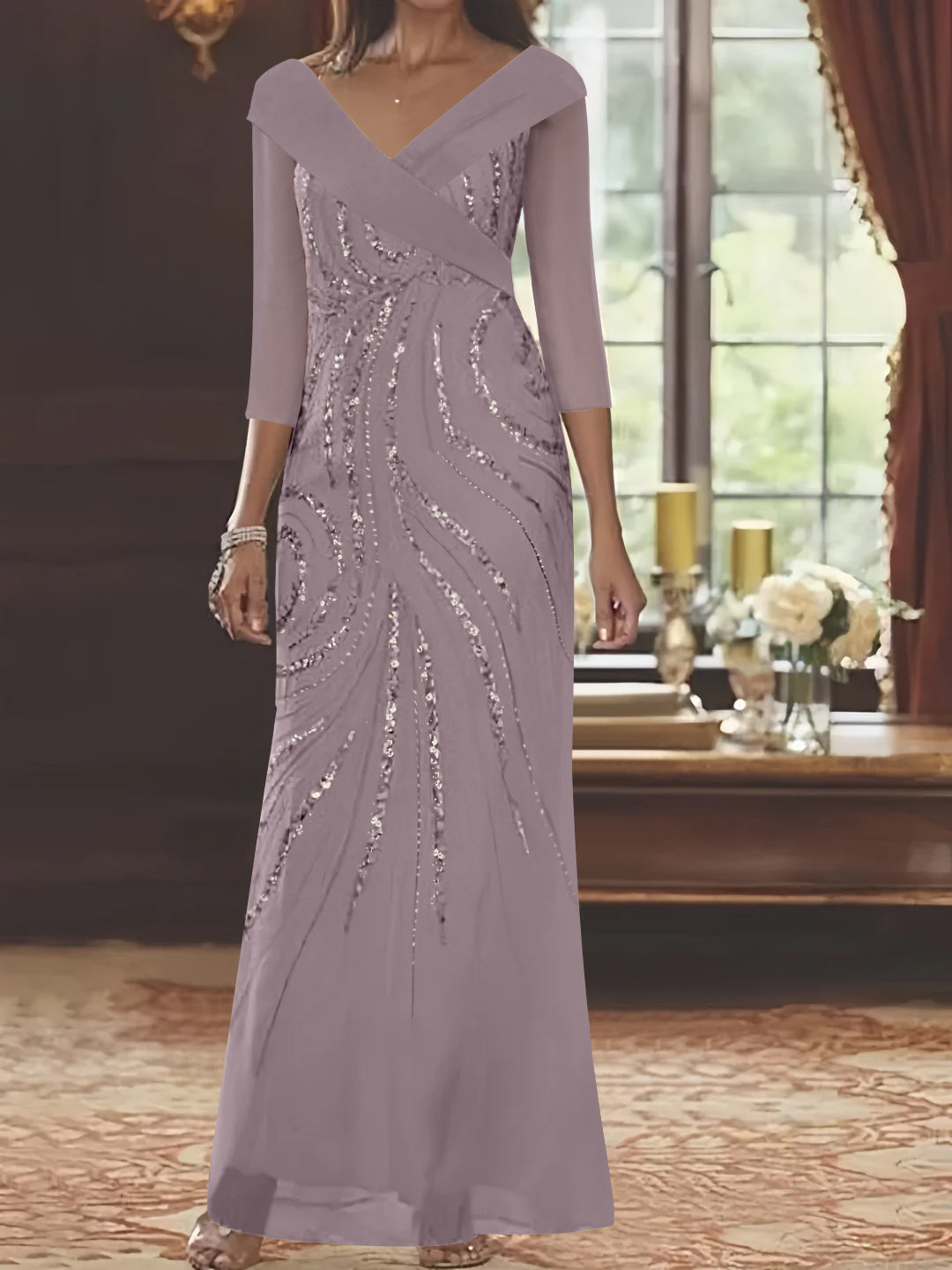 V-Neck 3/4 Sleeve Floor-Length Sequined Mother of the Bride Sheath Dress-LLELLA