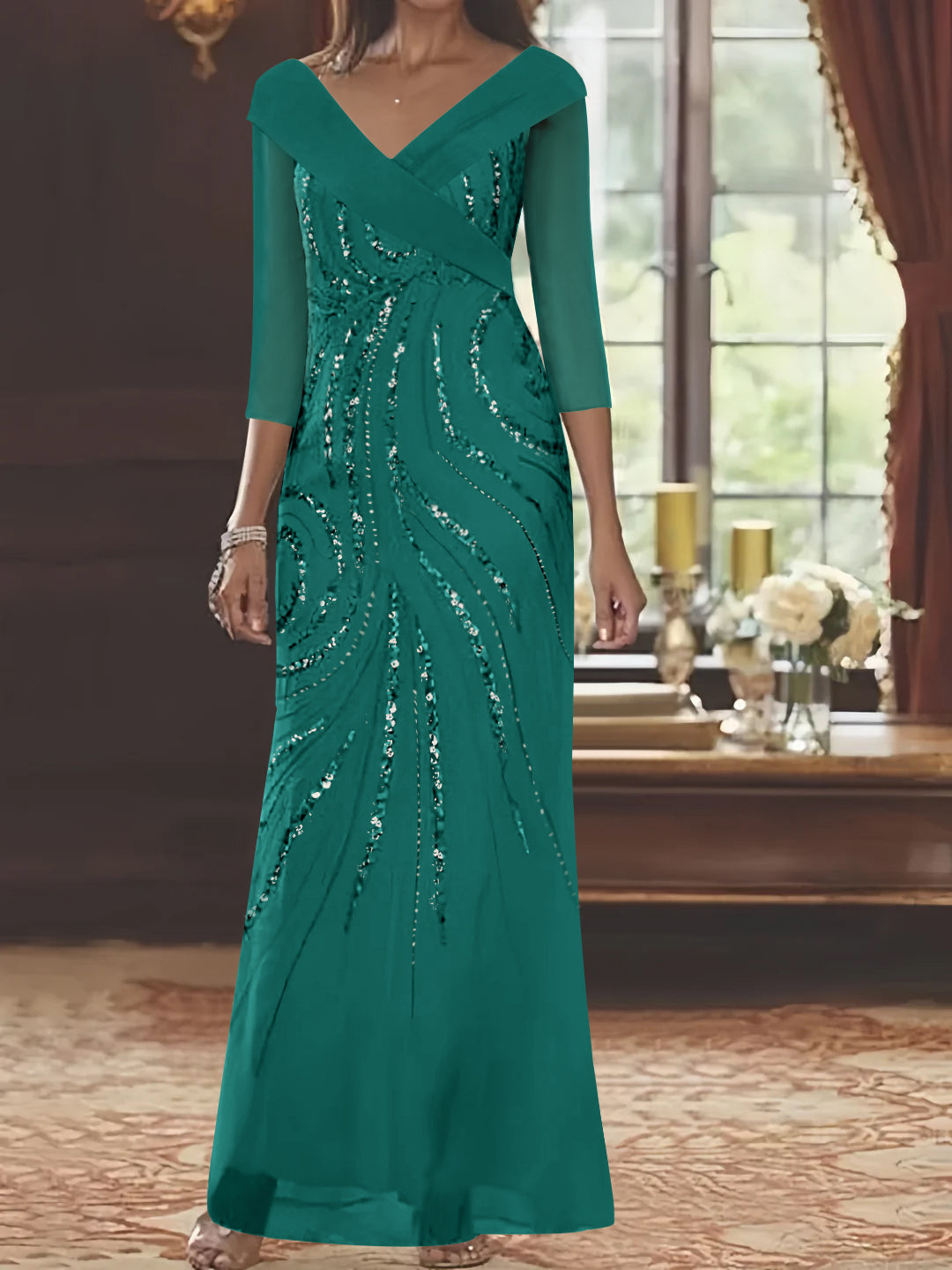 V-Neck 3/4 Sleeve Floor-Length Sequined Mother of the Bride Sheath Dress-LLELLA