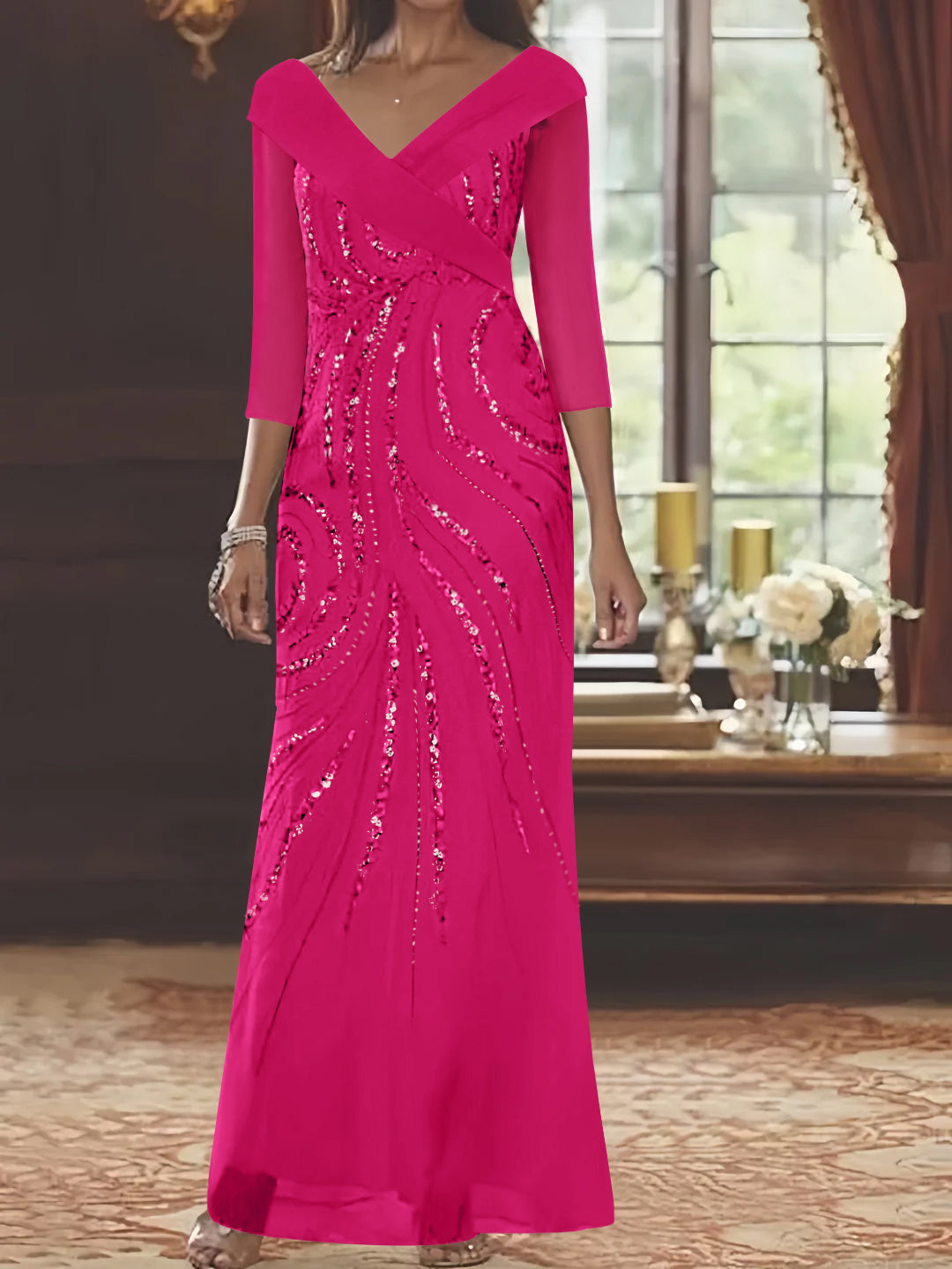 V-Neck 3/4 Sleeve Floor-Length Sequined Mother of the Bride Sheath Dress-LLELLA