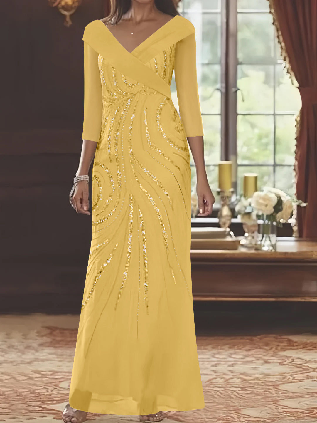 V-Neck 3/4 Sleeve Floor-Length Sequined Mother of the Bride Sheath Dress-LLELLA