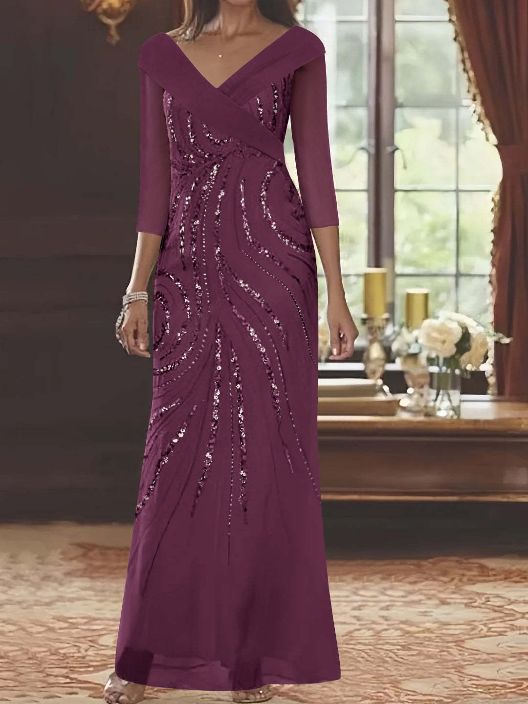 V-Neck 3/4 Sleeve Floor-Length Sequined Mother of the Bride Sheath Dress-LLELLA