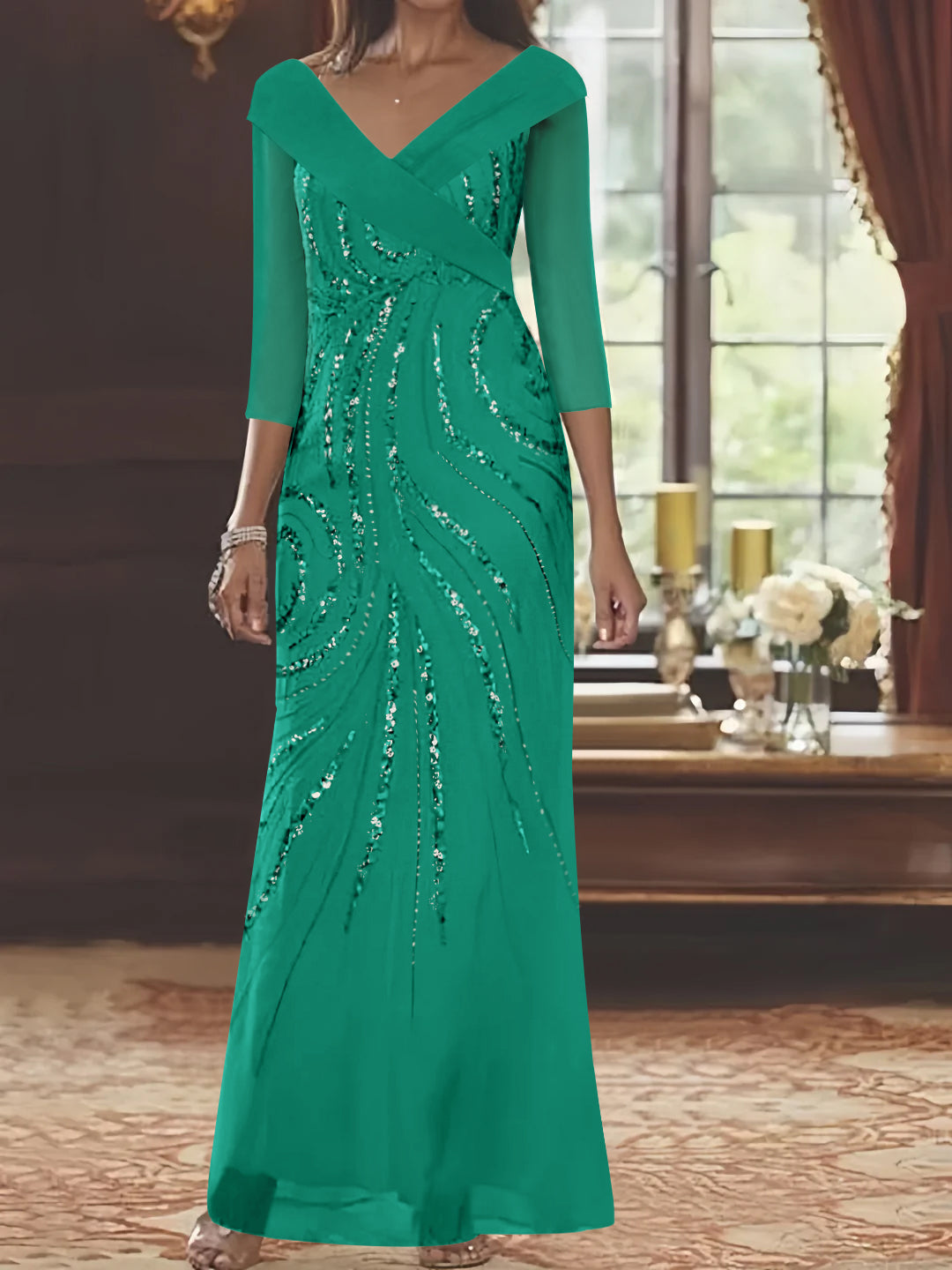 V-Neck 3/4 Sleeve Floor-Length Sequined Mother of the Bride Sheath Dress-LLELLA