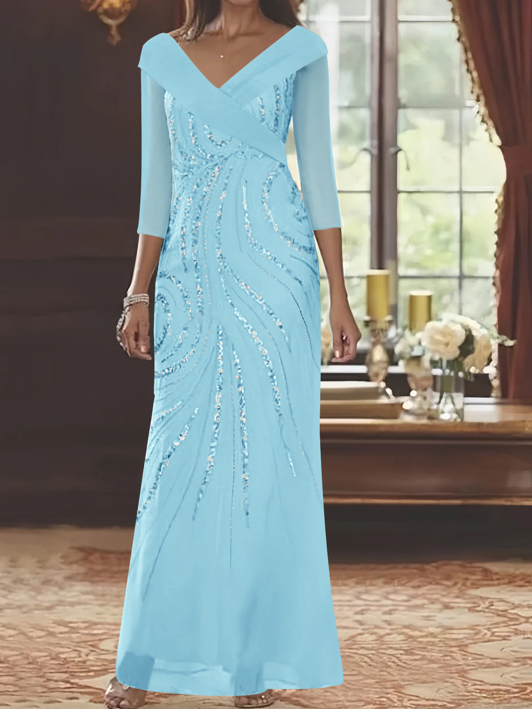 V-Neck 3/4 Sleeve Floor-Length Sequined Mother of the Bride Sheath Dress-LLELLA
