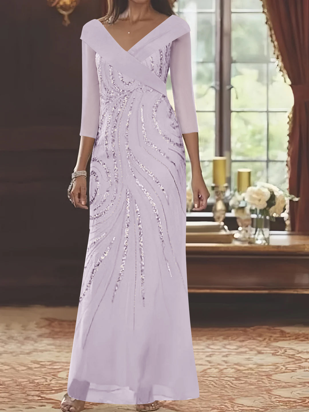 V-Neck 3/4 Sleeve Floor-Length Sequined Mother of the Bride Sheath Dress-LLELLA