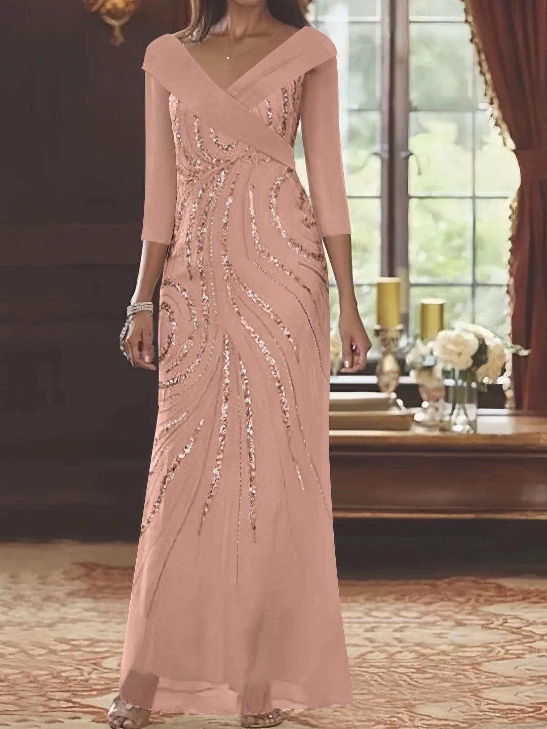 V-Neck 3/4 Sleeve Floor-Length Sequined Mother of the Bride Sheath Dress-LLELLA