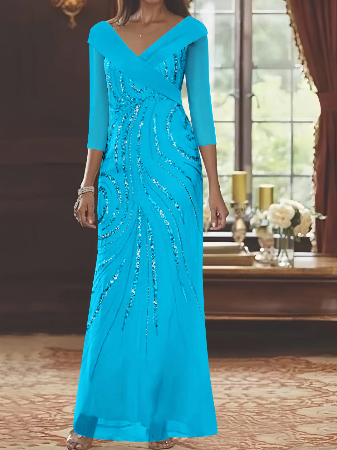 V-Neck 3/4 Sleeve Floor-Length Sequined Mother of the Bride Sheath Dress-LLELLA