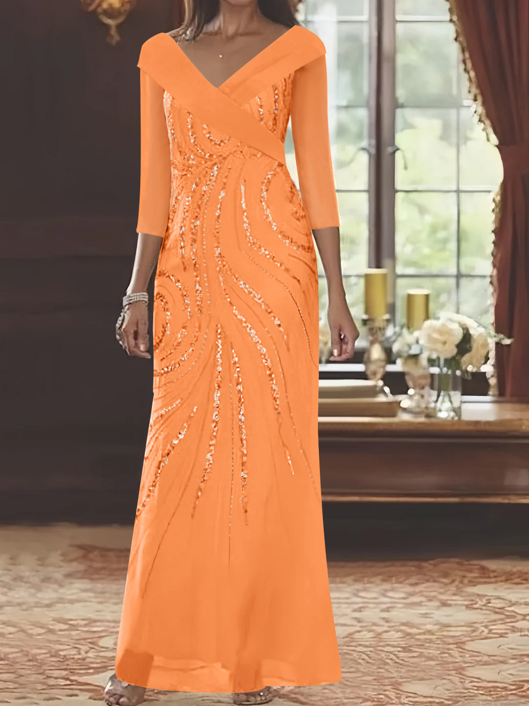 V-Neck 3/4 Sleeve Floor-Length Sequined Mother of the Bride Sheath Dress-LLELLA