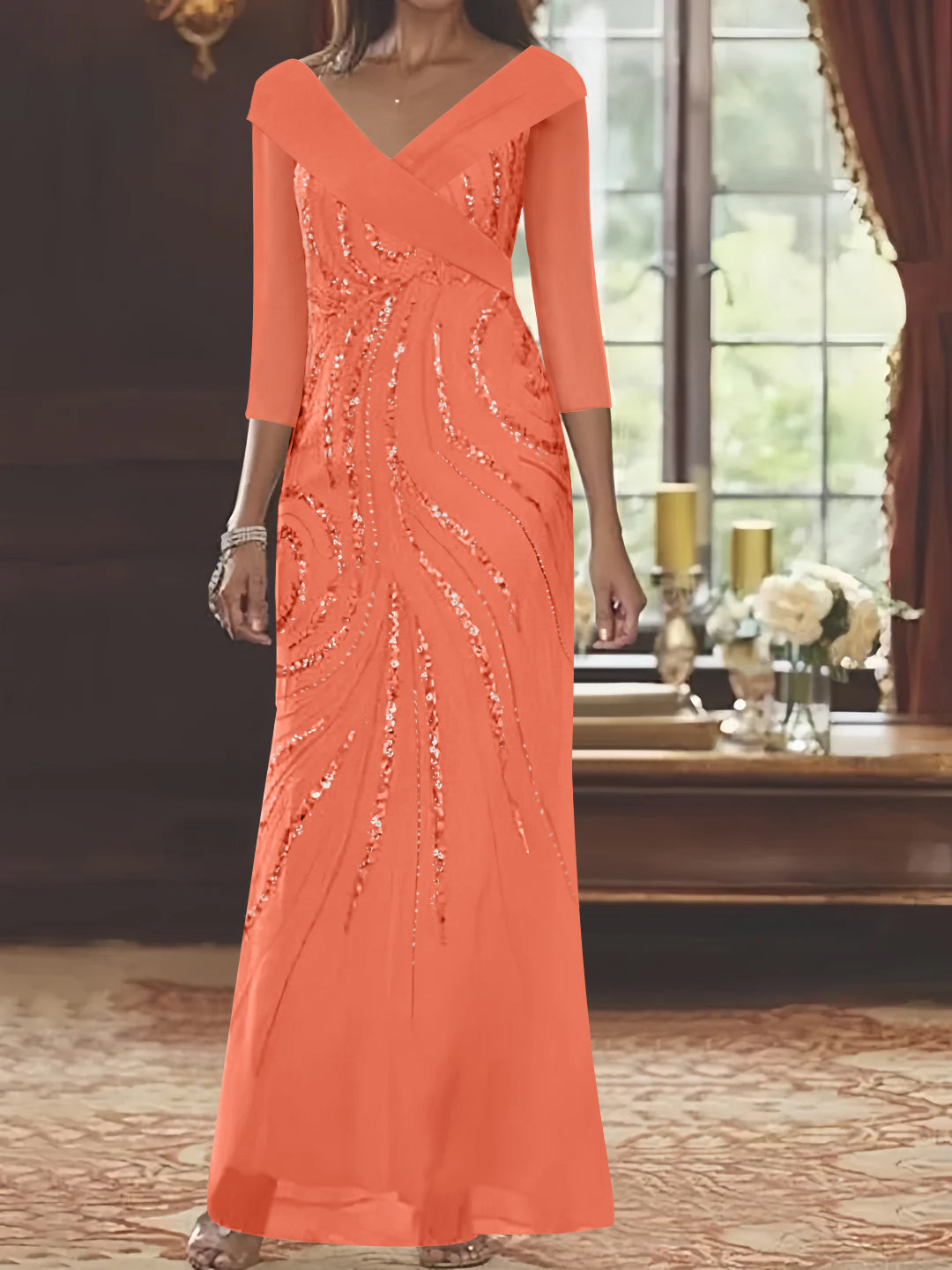 V-Neck 3/4 Sleeve Floor-Length Sequined Mother of the Bride Sheath Dress-LLELLA