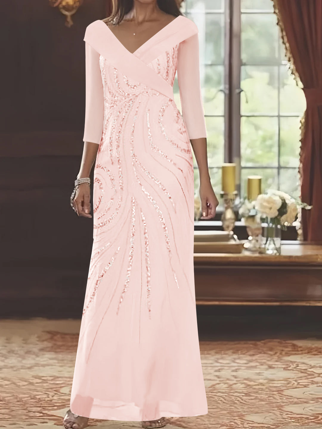 V-Neck 3/4 Sleeve Floor-Length Sequined Mother of the Bride Sheath Dress-LLELLA
