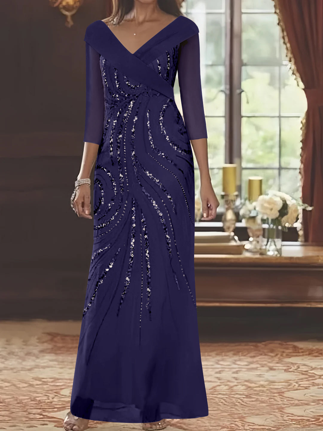 V-Neck 3/4 Sleeve Floor-Length Sequined Mother of the Bride Sheath Dress-LLELLA