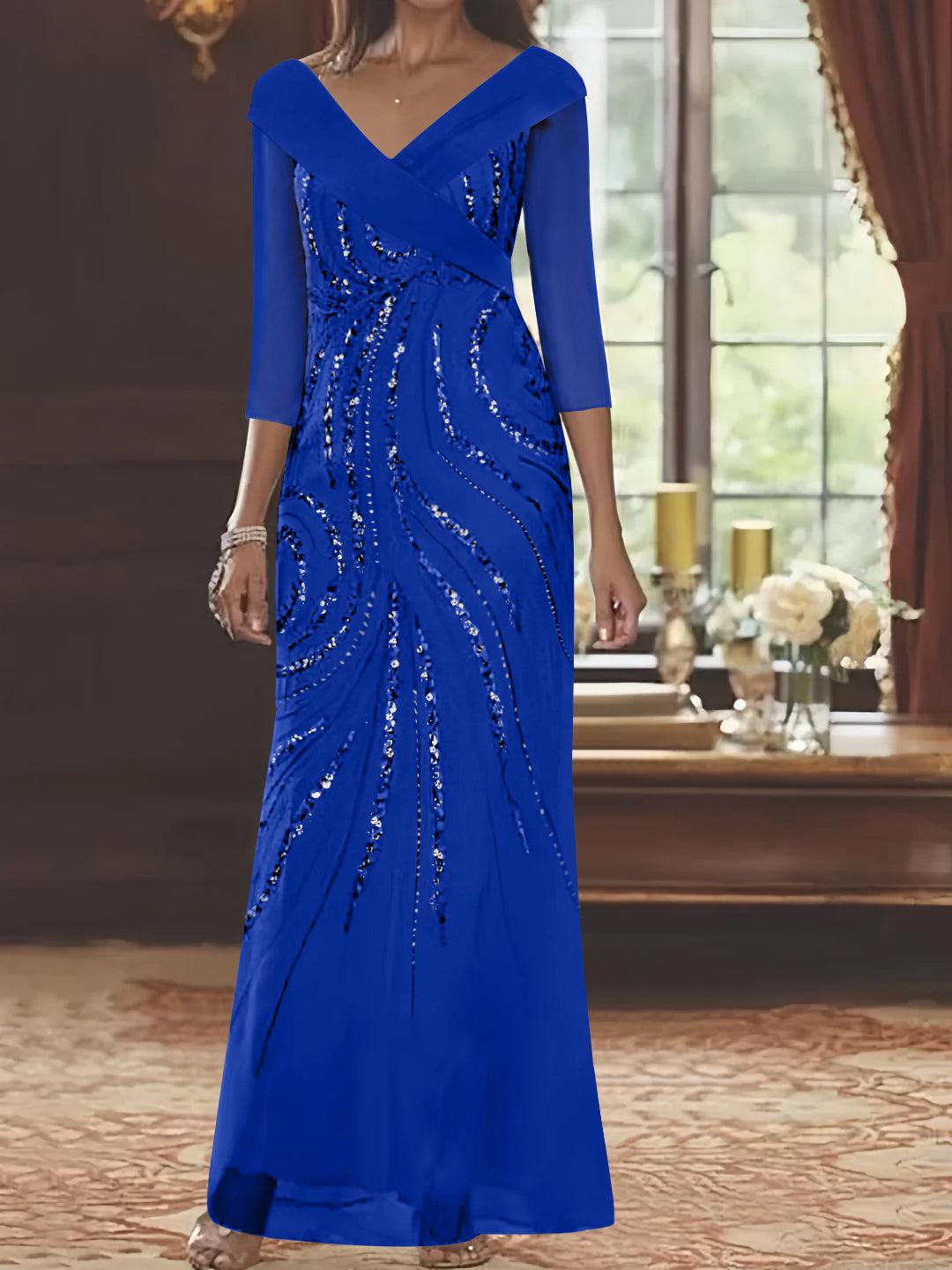 V-Neck 3/4 Sleeve Floor-Length Sequined Mother of the Bride Sheath Dress-LLELLA