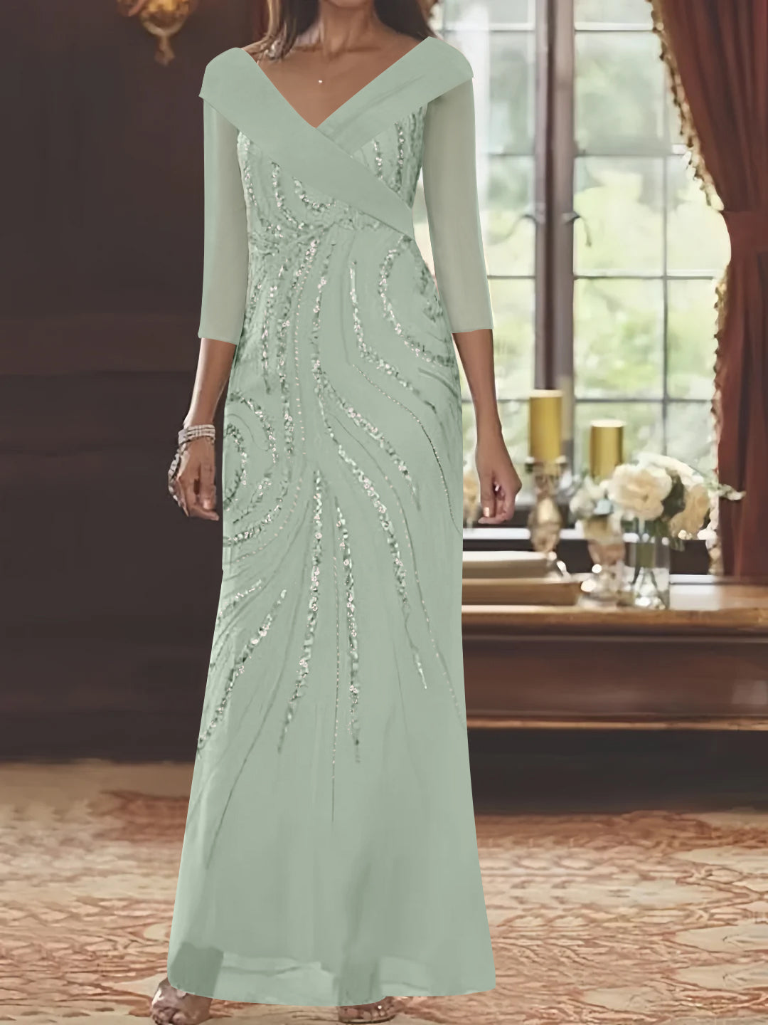 V-Neck 3/4 Sleeve Floor-Length Sequined Mother of the Bride Sheath Dress-LLELLA