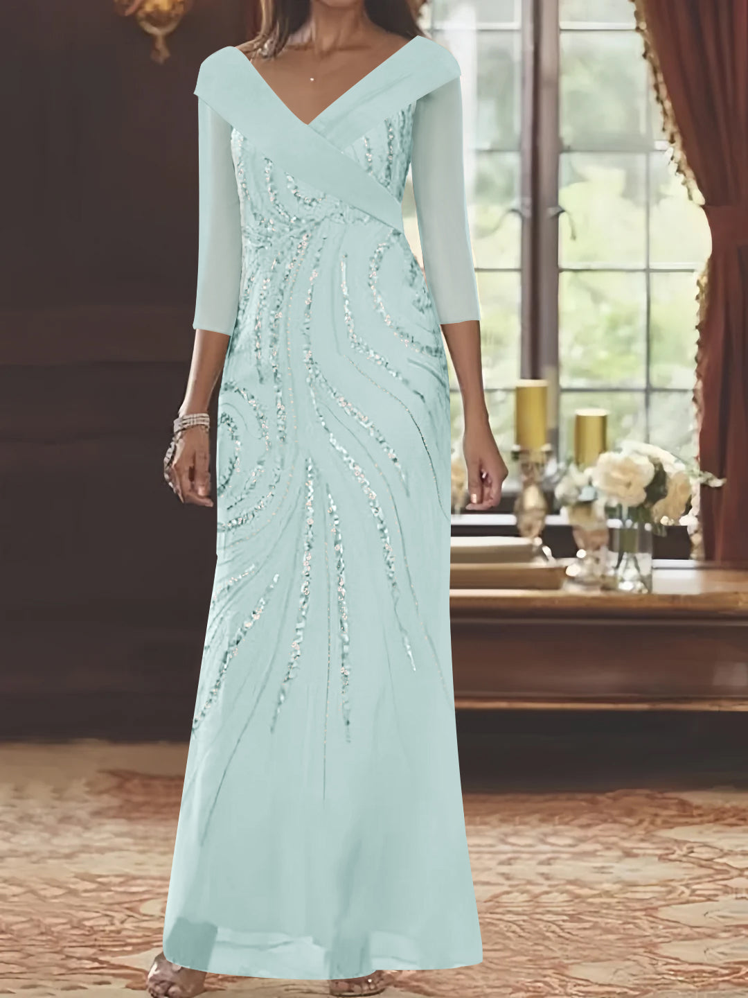 V-Neck 3/4 Sleeve Floor-Length Sequined Mother of the Bride Sheath Dress-LLELLA