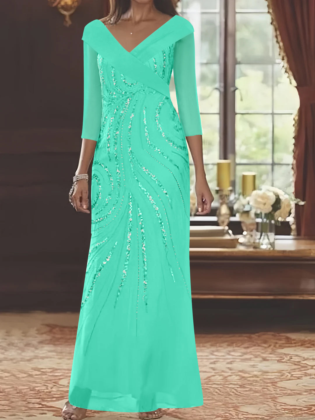 V-Neck 3/4 Sleeve Floor-Length Sequined Mother of the Bride Sheath Dress-LLELLA
