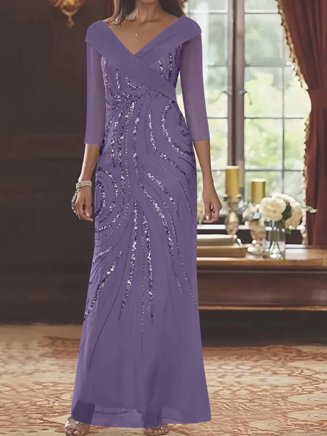 V-Neck 3/4 Sleeve Floor-Length Sequined Mother of the Bride Sheath Dress-LLELLA