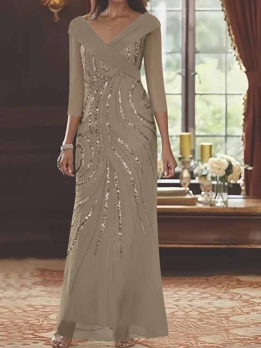 V-Neck 3/4 Sleeve Floor-Length Sequined Mother of the Bride Sheath Dress-LLELLA
