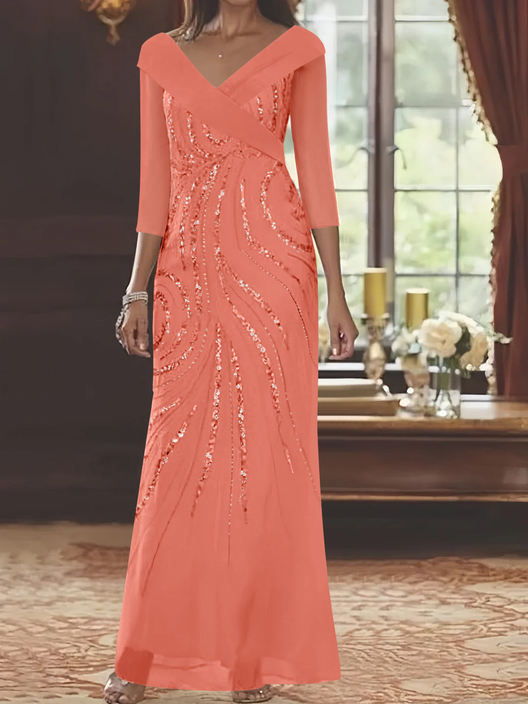 V-Neck 3/4 Sleeve Floor-Length Sequined Mother of the Bride Sheath Dress-LLELLA