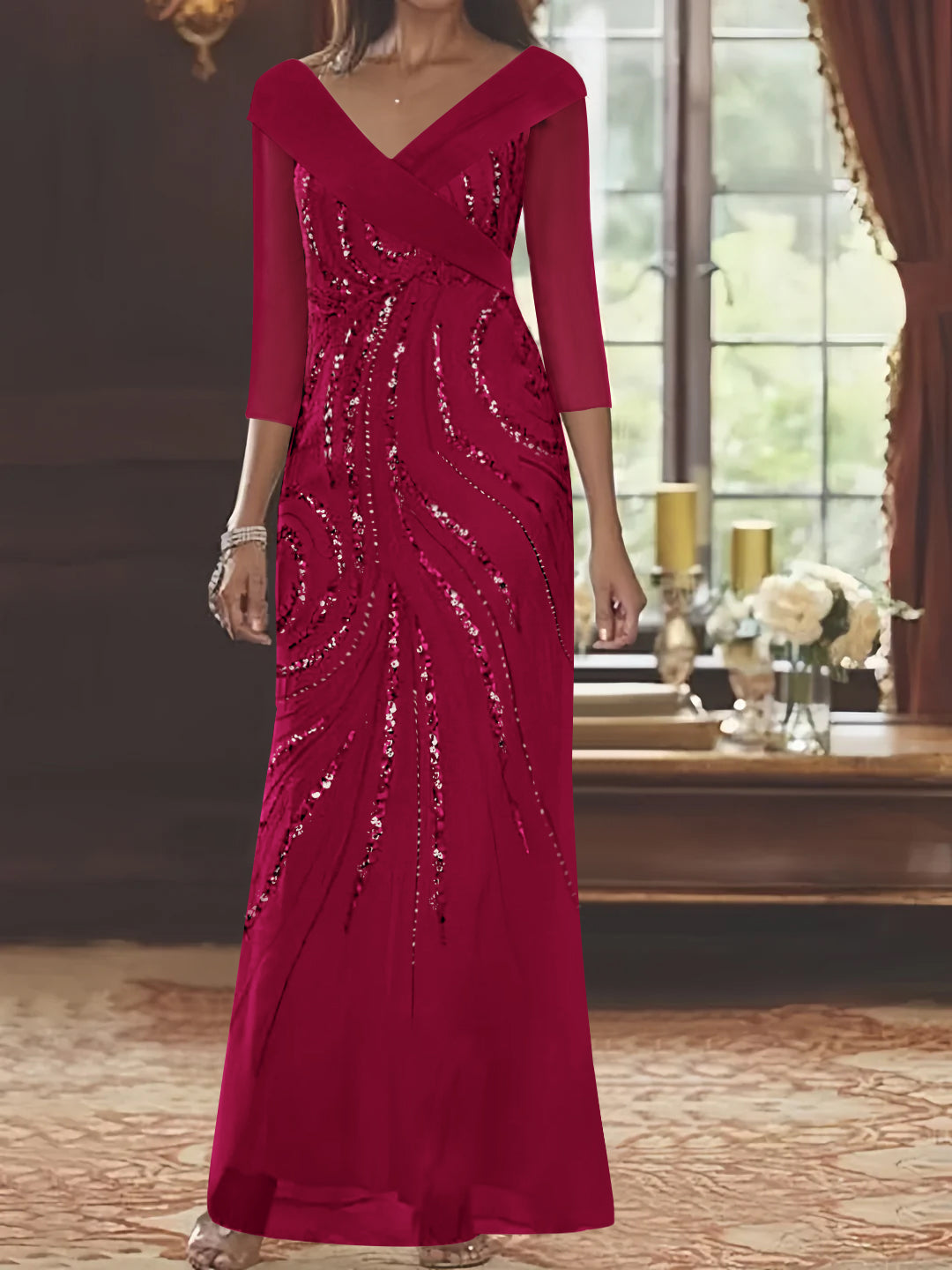 V-Neck 3/4 Sleeve Floor-Length Sequined Mother of the Bride Sheath Dress-LLELLA