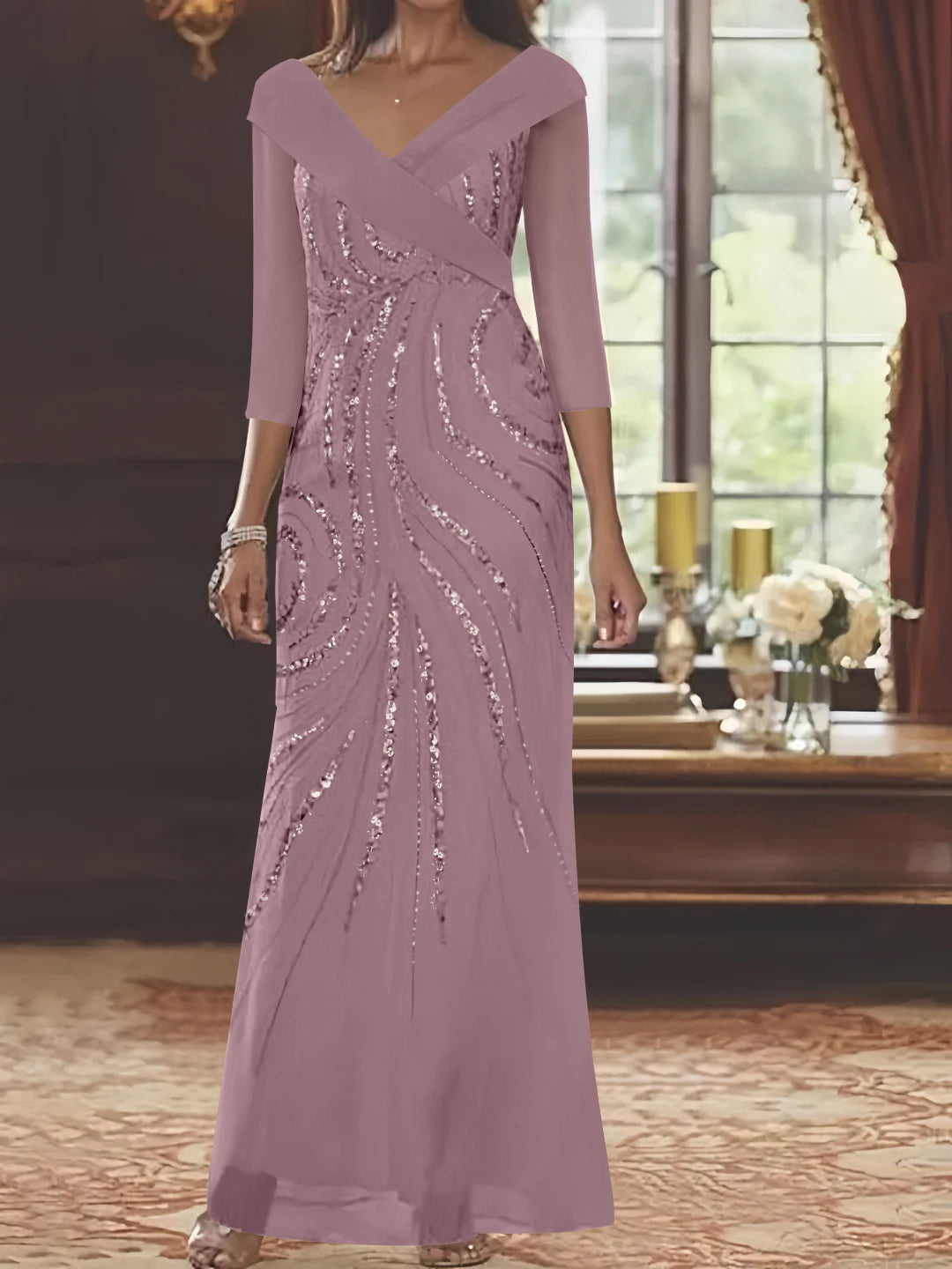 V-Neck 3/4 Sleeve Floor-Length Sequined Mother of the Bride Sheath Dress-LLELLA