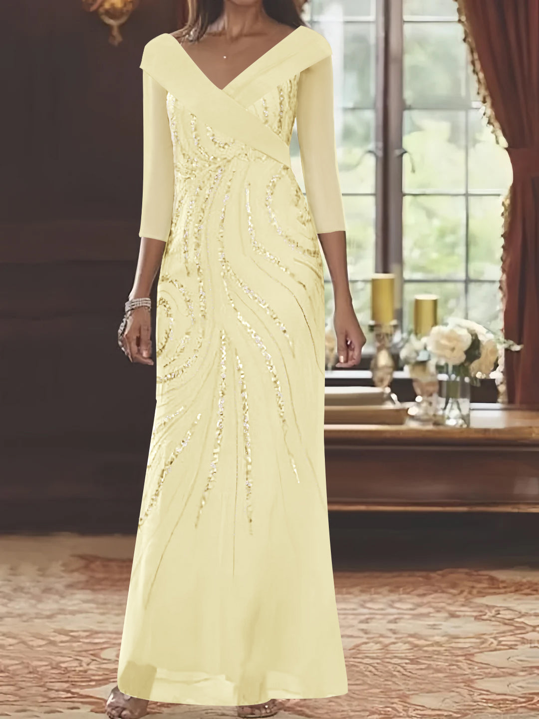 V-Neck 3/4 Sleeve Floor-Length Sequined Mother of the Bride Sheath Dress-LLELLA