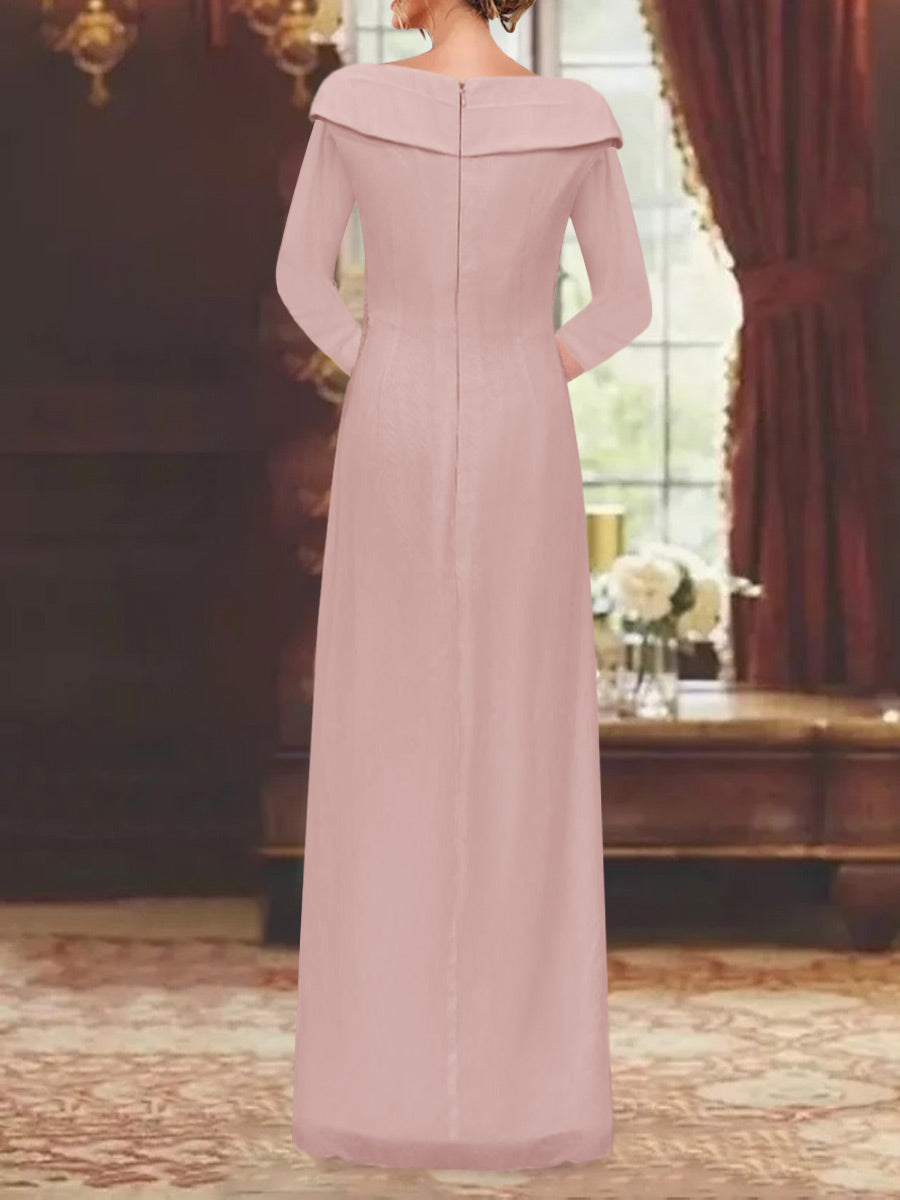 V-Neck 3/4 Sleeve Floor-Length Sequined Mother of the Bride Sheath Dress-LLELLA