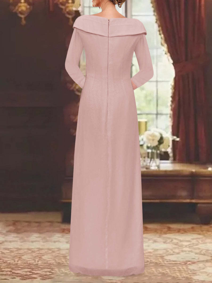 V-Neck 3/4 Sleeve Floor-Length Sequined Mother of the Bride Sheath Dress-LLELLA