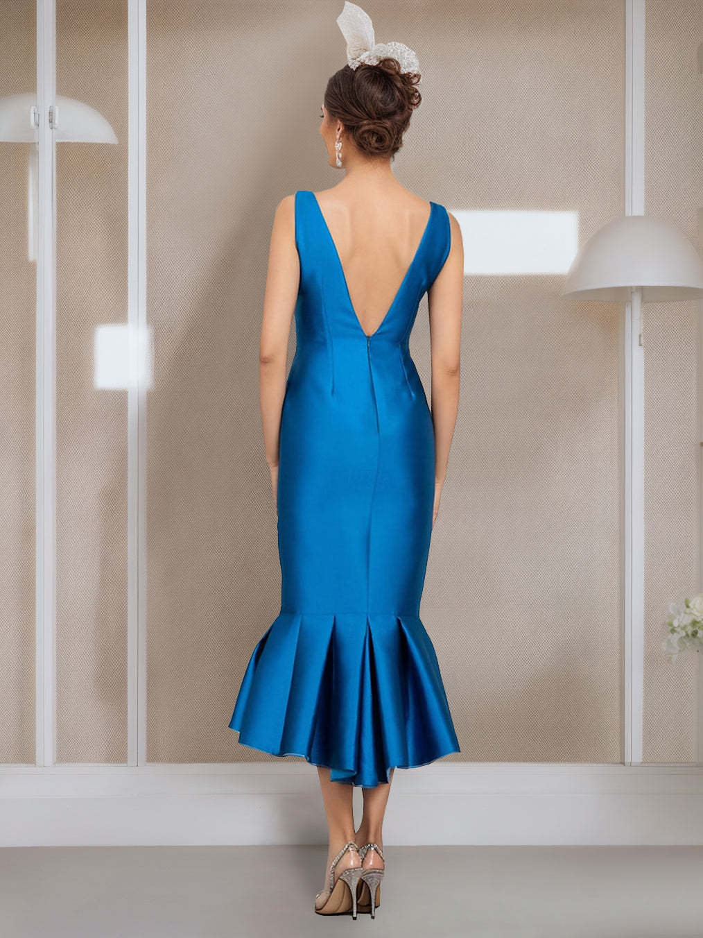 Tea-Length Mother of the Bride Dresses with Buttons Jewel Neck and Half Sleeves in Mermaid/Trumpet Style-LLELLA