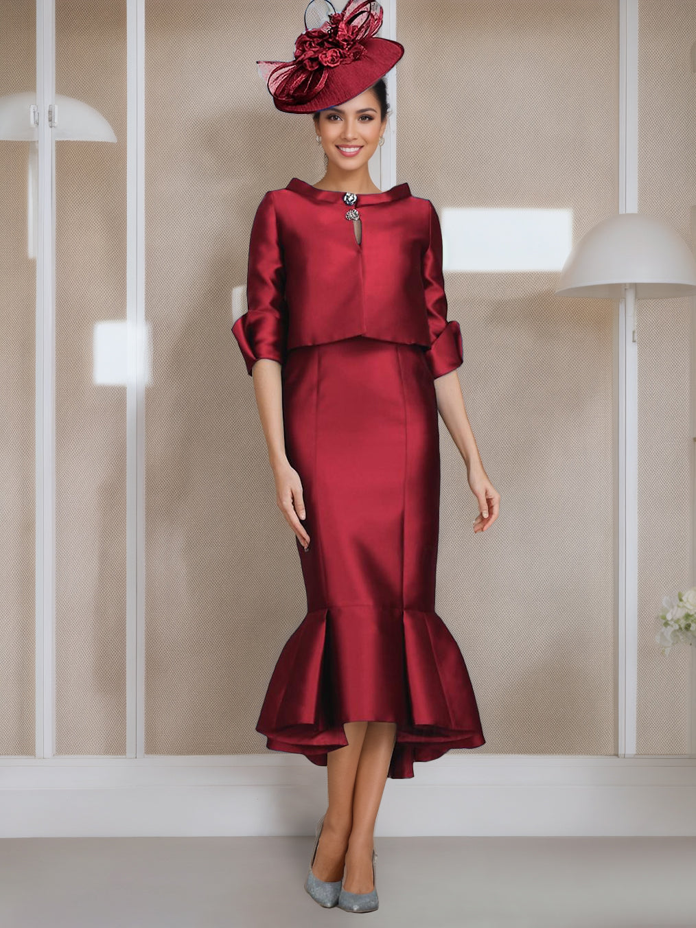 Tea-Length Mother of the Bride Dresses with Buttons Jewel Neck and Half Sleeves in Mermaid/Trumpet Style-LLELLA