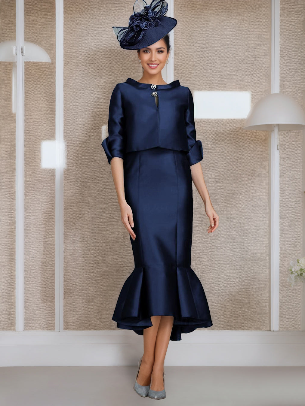 Tea-Length Mother of the Bride Dresses with Buttons Jewel Neck and Half Sleeves in Mermaid/Trumpet Style-LLELLA