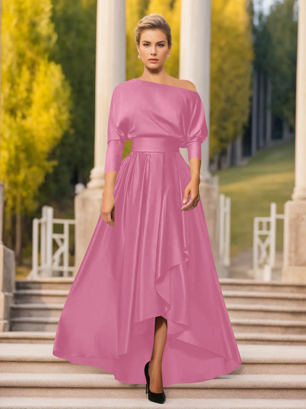 One-Shoulder A-Line Princess Dress with 3/4 Sleeves for Mothers of the Bride & Groom-LLELLA