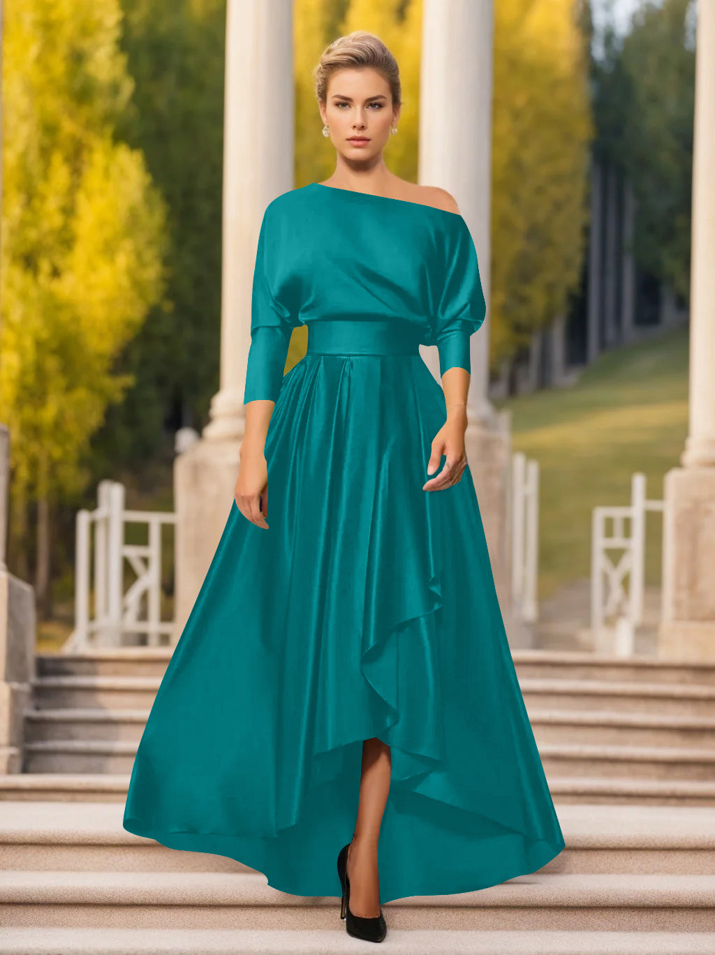 One-Shoulder A-Line Princess Dress with 3/4 Sleeves for Mothers of the Bride & Groom-LLELLA