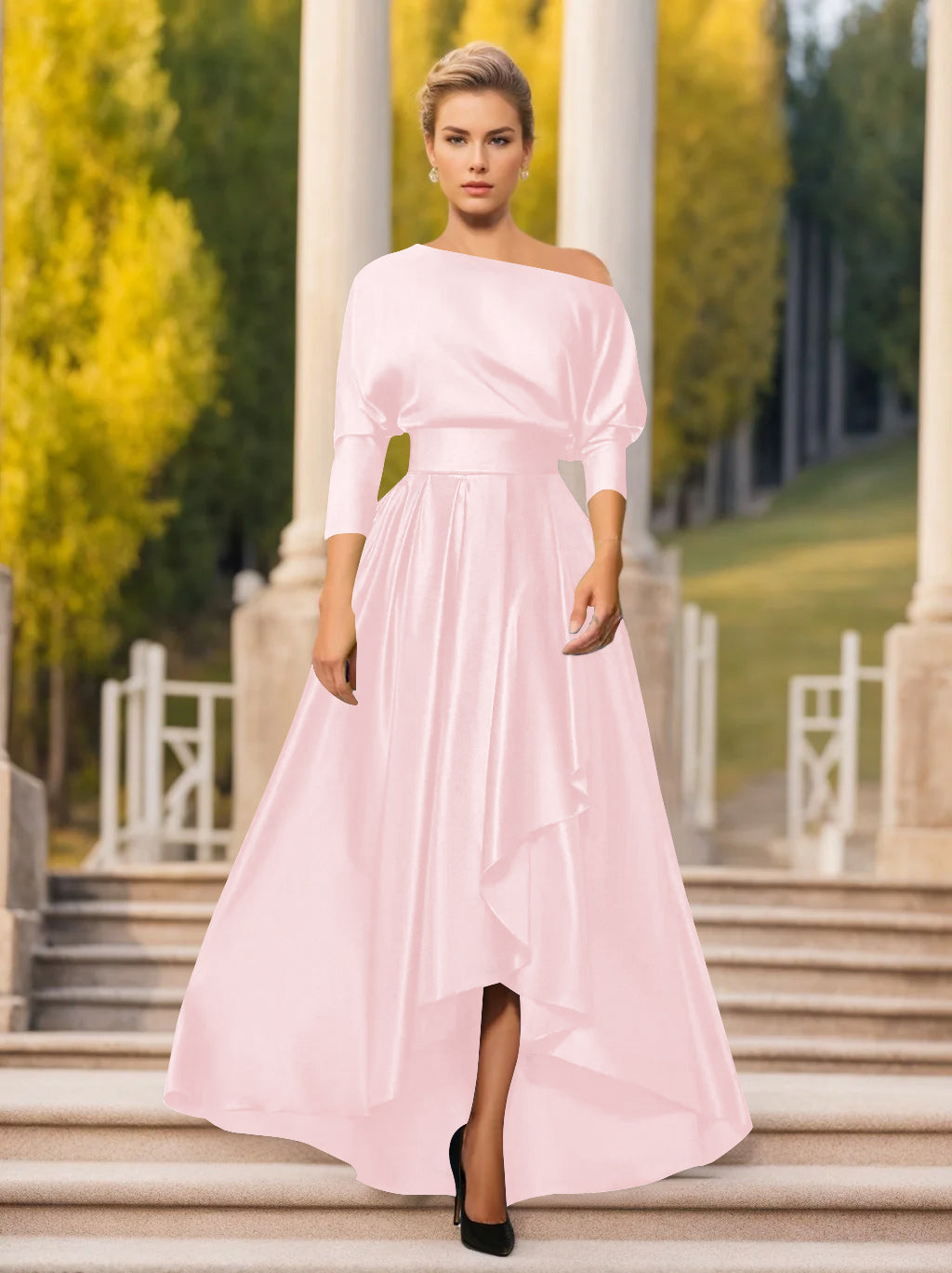 One-Shoulder A-Line Princess Dress with 3/4 Sleeves for Mothers of the Bride & Groom-LLELLA